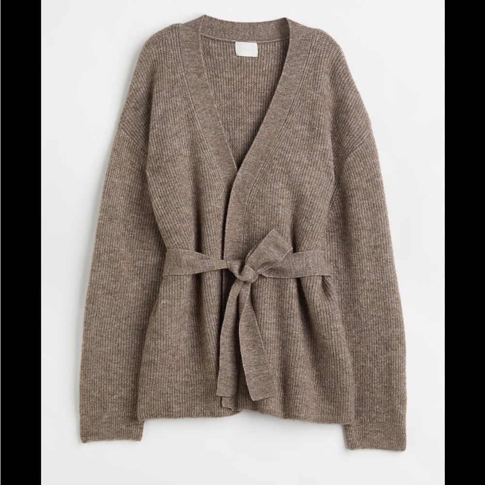 H&M Taupe Ribbed Knit Belted Cardigan